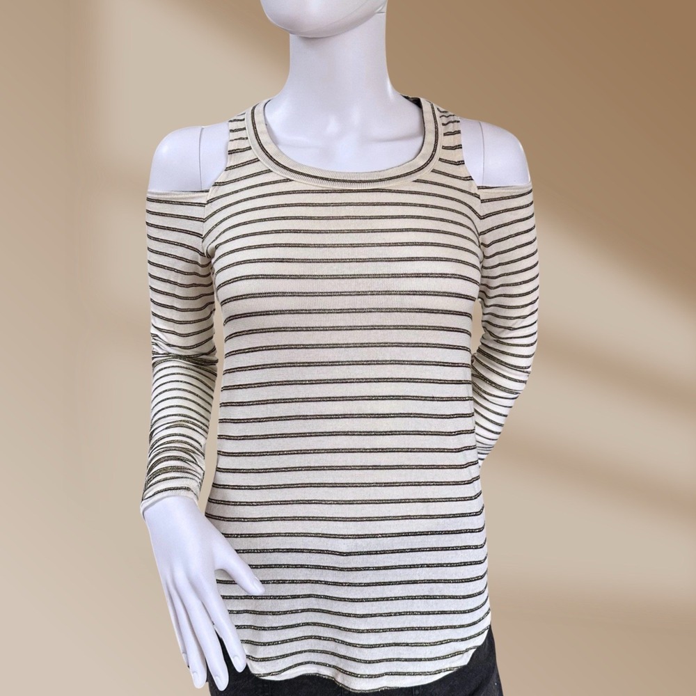 Chaser Women's White & Gold Glitter Striped Cold Shoulder Top Size XS NWT!